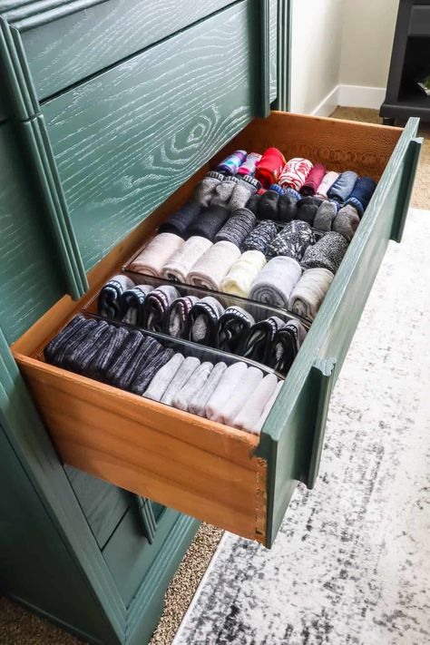 The Best Way to Organize Your Socks and How to Save Space - Practical Perfection Organizing Sock Drawer, Organize Sock Drawer, How To Organize Socks Drawer, Socks Organization Ideas, Closet Ideas Kids, Sock Storage Ideas, Closet Organization Ideas Kids, Sock Drawer Organizer, Kids Closet Organization Ideas