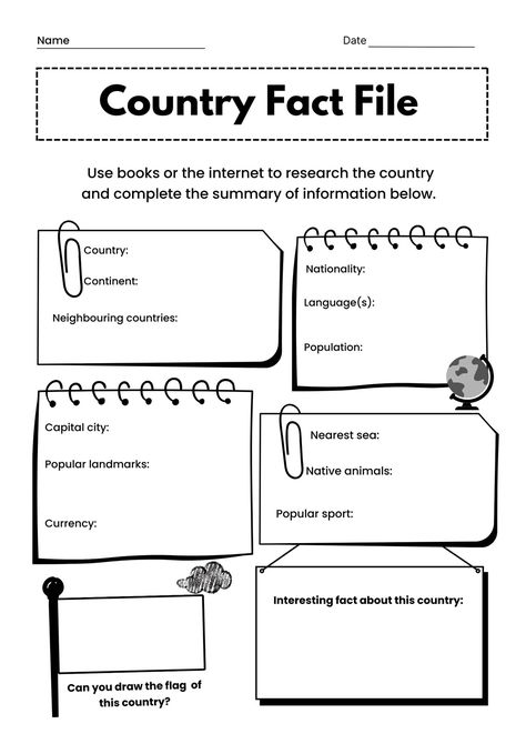 Country Fact File Worksheet in Colorful Simple Style - Templates by Canva Nationality Worksheet, Country Fact Sheet, Fact File Template, Country Worksheet, Uk Facts, Easter Handprint, Paper Craft Work, Geography Project, Country Report