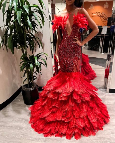 Plush La'Mode Designs on Instagram: “MASTERPIECE 🌹Red HAWT fully beaded ostrich feather couture gown. ✨ What should we name this beauty? 🥰 #prom2022 #promdress…” Different Prom Dresses, Feather Prom Dress, Crystal Dress, Sequin Prom Dress, Prom Girl Dresses, Prom Poses, Pageant Gowns, Pageant Dress, Pink Gowns