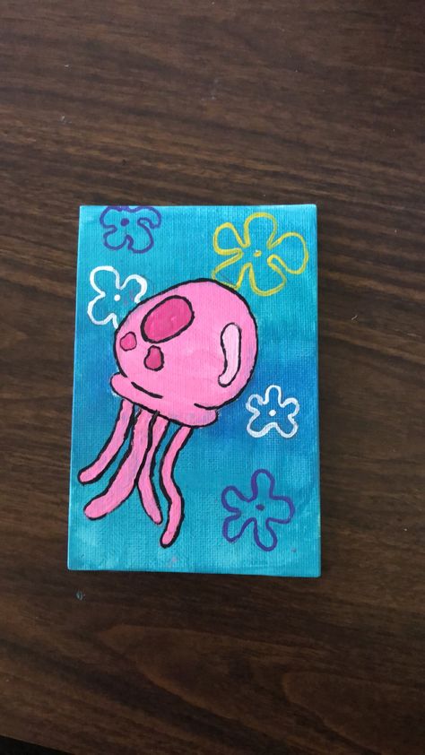 Mini Spongebob Painting, Cute Paintings Spongebob, Spongebob Jellyfish Painting, Jellyfish Painting Easy, Holding Hands Painting, Small Canvas Art Spongebob, Painting Spongebob, Tiny Canvas Painting Spongebob, Spongebob Painting Square Canvas