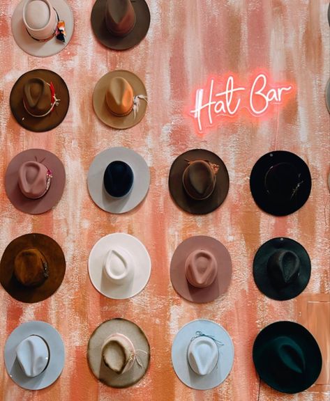 Hat Bar At Wedding, Hat Display Craft Show, Hat Vendor Booth Display Ideas, Hat Bar Display Ideas, Macy Aesthetic, Baseball Hat Display, Indie Cowboy, Desert Disco, Vendor Booth Display