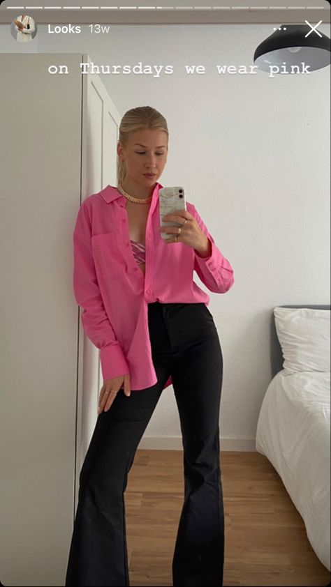 Pink Top And Black Pants Outfit, Black Pants Pink Top Outfit, Long Sleeve Pink Shirt Outfits, Pink Button Up Shirt Outfit Work, Pink Pants Black Top Outfit, Pink Shirt With Black Pants, Pink Shirt Black Pants Outfit, Hot Pink Button Up Shirt Outfit, Longsleeves Outfit Polo Women