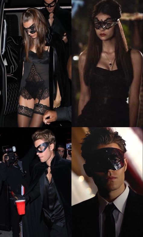 Stefan Salvatore Halloween Costume, Katherine And Stefan Halloween Costume, Justin And Hailey Bieber Halloween Costume, Hailey Bieber Vampire, Katherine And Damon Costume, Katherine Pierce Halloween Costume Ideas, Hailey Bieber Vampire Costume, Sexycore Outfit, Damon And Elena Halloween Costume