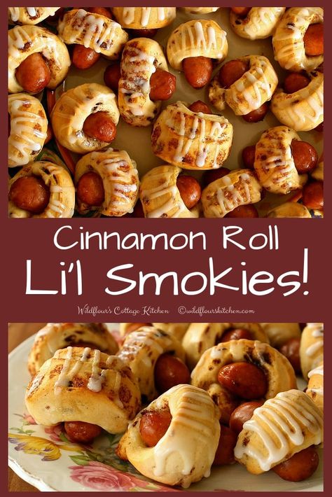 The EASIEST, and most SIMPLE retro appetizer there is out there! Only 2 ingredients!! This makes a nice amount, but don't worry. These Cinnamon Roll Li'l Smokies will all get eaten no problem! These are super fun for breakfast, too!        I hadn't had these since middle school, when we made them… Breakfast Lil Smokies Recipes, Lil Smokies Recipes, Little Smokies Recipes, Smokies Recipe, Lil Smokies, Little Smokies, Appetizers Finger Foods, Brunch Food, Simple Retro