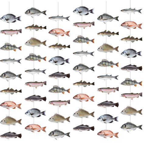 PRICES MAY VARY. Package Include: you will get 8 pieces of fishing party decorations and each comes with 9 different fish elements, each of them measures about 3.77 ft/ 115 cm in length; Sufficient quantity to meet your fish theme party decoration needs Realistic Style: our fishing garlands adopt a novel realistic style; Each garland is matched with different types of fish, including salmon and bass, lifelike and cute, easy to attract attention of different ages; The fishing birthday decorations Fishing Themed Bachelorette Party, O Fish Ally One Birthday Decorations, Fish Garland, Fishing Party Decorations, Gone Fishing Party, Fish Banner, Fishing Baby Shower Theme, Ash Baby, Fishing Theme Birthday