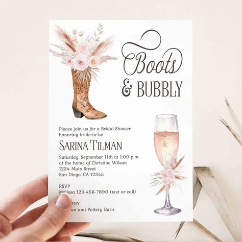 Cowboy Boots and Bubbly Bridal Shower Invitation, Champagne Invite, Cowgirl Rustic Farm Western Country, Couples Pink Boho Chic TEMPLATE 274 - Etsy Cowgirl Bridal Shower Ideas, Western Bridal Shower Ideas, Boots And Bubbly Bridal Shower, Themed Bachelorette Party Ideas, Boots And Bubbly, Cowgirl Wedding, Country Couples, Cowboy Wedding, Bachelorette Party Themes