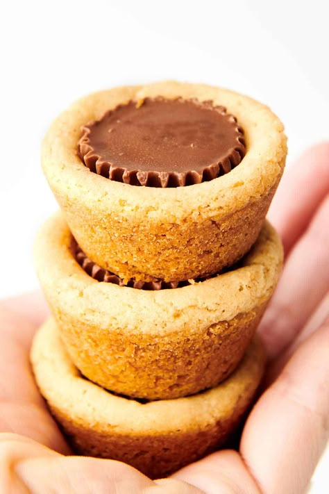 Easy Peanut Butter Cup Cookies Recipe - Made in Mini Muffin Tin Cup Cookies Recipe, Homemade Peanut Butter Cookies, Smores Dessert, Soft Peanut Butter Cookies, Butter Cookie Dough, Reese's Peanut Butter Cup, Cup Cookies, Peanut Butter Blossom Cookies, Peanut Butter Cupcakes