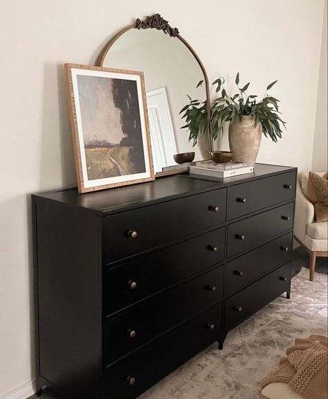 Bedroom Dresser Decor With Tv, Black Dresser Decor, Black Dresser Bedroom, Bedroom Dresser Styling, Dresser Decor Bedroom, Instagram Bedroom, Bedroom Details, Black Dresser, Apartment Vibes