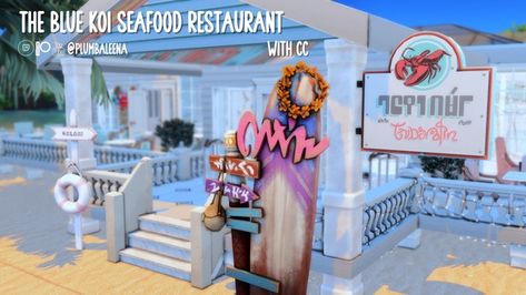 The Blue Koi Seafood Restaurant | Patreon Sims Food, Story Poses, Sims 4 Restaurant, Sims Decor, The Sims 4 Lots, Blue Koi, Sims 4 Bedroom, Sims 4 House Building, Sims 4 Expansions