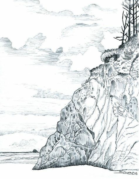 Cliff Sketch, Pencil Sketches Landscape, Cliff Face, Cannon Beach Oregon, Sea Cliff, Pencil Sketches, Cannon Beach, Pencil Art Drawings, Ink Sketch