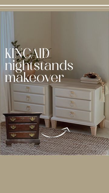 Jina Lee on Instagram: "These nightstands by Kincaid totally transformed🤍YouTube video coming soon! | Linked in Amazon store | Paint - @countrychicpaint Body - Vanilla frosting & Driftwood mix Top - Paint washed with Road trip Hardware - @amazonhome Japanese pull saw - @suizan_japan Legs - @amazonhome Top coat - @generalfinishes HP satin Drawers conditioned with @wiseowlpaint furniture slave (Linked in bio) . . . . . #furnituremakeover #furnitureflip #nightstandsmakeover #nightstand #s Tan Wash Furniture, Repurposed Nightstand Ideas, Bedroom Nightstand Ideas, Staging Bedroom, Feminine Furniture, Diy Nightstand Makeover, Nightstand Makeover, Country Chic Paint, Makeup Area