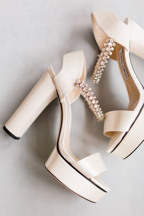 wedding shoes ivory jimmy choo platform heels with open toe and heel rhinestone ankle strap Kasut Pengantin, Bride Things, Wedding Sandals Heels, White Block Heel Sandals, Luxury Reception, Garden Wedding Ceremony, Wedding Platform, Bride Heels, Ivory Heels