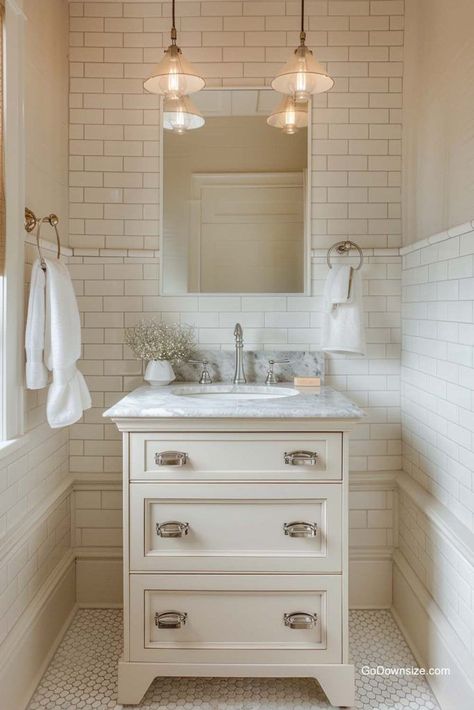 Who says you can’t have a minimalist AND a vintage bathroom design? This example shows you just how to pull it off. Vintage Chrome Bathroom, Small Bathroom Traditional, Bathroom Ideas Chrome Fixtures, Antique Modern Bathroom, Historic Home Bathroom, Vintage Small Bathroom Ideas, Small Traditional Bathroom, Parisian Bathroom French Style, White Vintage Bathroom