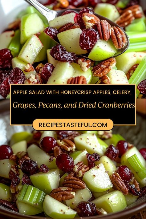 This refreshing Apple Salad combines the crisp sweetness of Honeycrisp apples with crunchy celery, juicy grapes, toasted pecans, and tangy dried cranberries. Tossed in a light dressing, it’s the perfect side dish for any meal or a healthy snack on its own! Crisp Apple Pecan Salad, Apple And Grape Christmas Salad, Celery Apple Salad, Apple And Celery Salad, Chicken Salad Recipe With Grapes Pecans Dried Cranberries, Apple Cranberry Pecan Salad, Cranberry Salad With Celery, Honey Crisp Apple Salad, Celery Salad Recipes