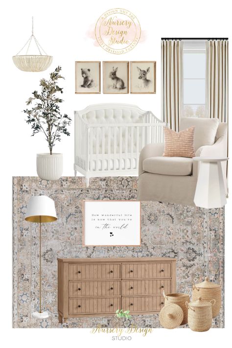 Neutral Girls Nursery, Woodland Nursery Ideas, Timeless Nursery, Gorgeous Nursery, Nursery Design Board, Feminine Nursery, Nursery Paint Colors, Nursery Color Scheme, Luxury Nursery