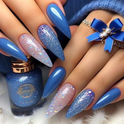 Blue And Glitter Ombre Nails, Winter Blue Almond Nails, Cold Blue Nails, Gel Nails For January 2025, Blue Cat Eye Christmas Nails, Blue Nails With Gems Rhinestones, Blue Sparkly Nail Ideas, Navy New Years Nails, Shade Of Blue Nails