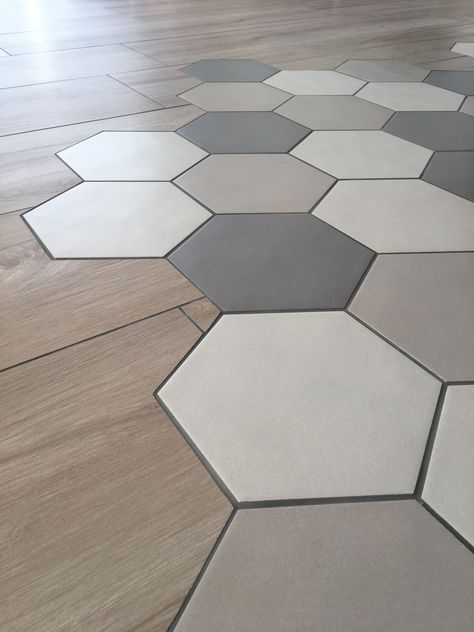 Octagon Tile Into Wood Floor, Honeycomb Tile Bathroom Wall, Tile Wood Flooring Transition, Wooden Ceramic Tiles, Hexagon Kitchen Floor Tile, Hexagon Kitchen Floor, Tile Floor Transition, Hexagonal Floor Tiles, Hexagon Kitchen