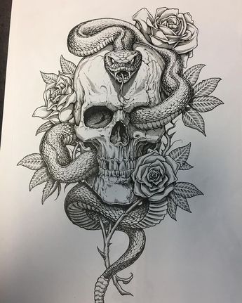 Snake Draw, Skull With Snake, Skull Thigh Tattoos, Arm Tattoos Drawing, Skull Rose Tattoos, Skull Art Tattoo, Skull Snake, Drawing Skull, Shape Tattoo