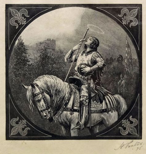 Jules Prater (1879-1947) - Six engravings, including - Joan of Arc wearing armour and mounted upon a horse at the head of her troops, 5.25ins x 5.25ins, signed and dated '25 in pencil, the Margate Memorial showing fisherman looking out to sea at the wreck of a fishing boat, 8ins x 4.75ins, signed and dated '27 and numbered 4 of 75 in pencil, together with four others, various, all framed and glazed Provenance: By family descent Joan Arc Illustration, Saint Joan Of Arc Art, Joan Of Arc Statue, Santa Joana D'arc, Joan D Arc, Images Terrifiantes, Saint Joan Of Arc, St Joan, Joan Of Arc