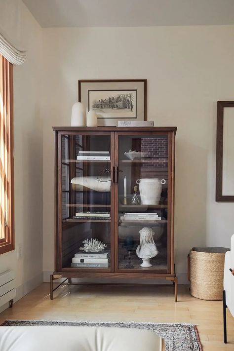 Glass armoire in living room Prospect Refuge, Office Backdrop, Four Square Homes, Live Today, Cozy Corner, Interior Design Firms, Design Firms, Step Stool, China Cabinet