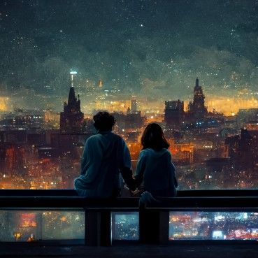 Couple Stargazing Art, Romantic Scenery Painting, Night Aesthetic Romantic, Couple On A Balcony, Bangkok Rooftop, Couples City, Kyoto Art, Kids In Love, Couple Romantic