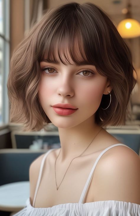 Wavy French Bob with Feathered Bangs Curly French Bob With Bangs, Wavy French Bob, Bob With Feathered Bangs, Edgy Medium Haircuts, Curly French Bob, Bob With Wispy Bangs, Haircut Ideas Brown Hair, French Bangs, Medium Haircuts With Bangs