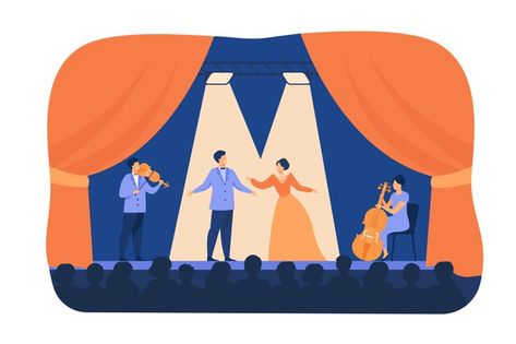 Opera singers playing on stage with musi... | Free Vector #Freepik #freevector #music #party #vintage #flat Opera Illustration, Theatre Drawing, Movie Night Poster, Theatre Illustration, Carnival Show, Big Sales Banner, Vintage Theatre, Fox Doll, Circus Poster