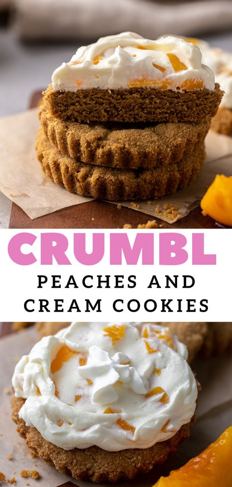 These CRUMBL peaches and cream cookies taste like like the best peaches and cream pie you'll ever have! The graham cracker cookie base balances out the sweet peach topping perfectly. Graham Cracker Crust Cookies, Best Peach Pie, Crumbl Recipes, Peach Topping, Peaches And Cream Pie, Crumbl Cookie Recipes, Crumbl Copycat, Copycat Cookies, Fruit And Cream