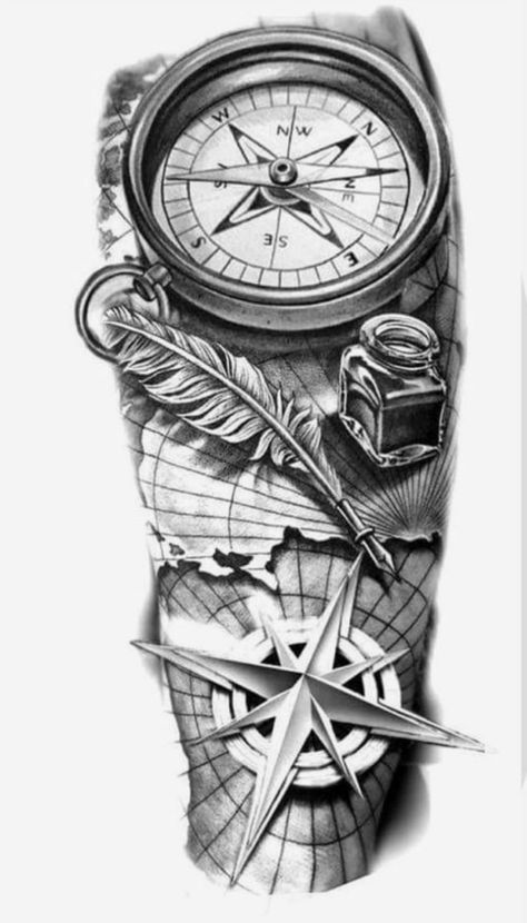 Forearm Tattoos Clock, Map Tattoo Design, Tattoos Clock, Compas Tattoo, Compass And Map Tattoo, Tattoos Chest, Compass Tattoo Men, Nautical Tattoo Sleeve, Tattoos Forearm