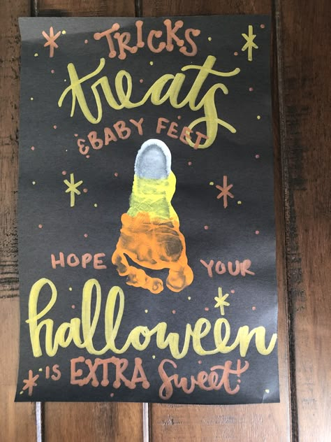 Halloween Craft Ideas For Infants, Halloween Crafts With Infants, Infant Halloween Projects, Handprint Candy Corn, Halloween Ideas For Daycare Party, Fall Classroom Ideas Infants, Infant Halloween Crafts Ideas, Candy Corn Footprint Art, Infant Footprint Halloween Art