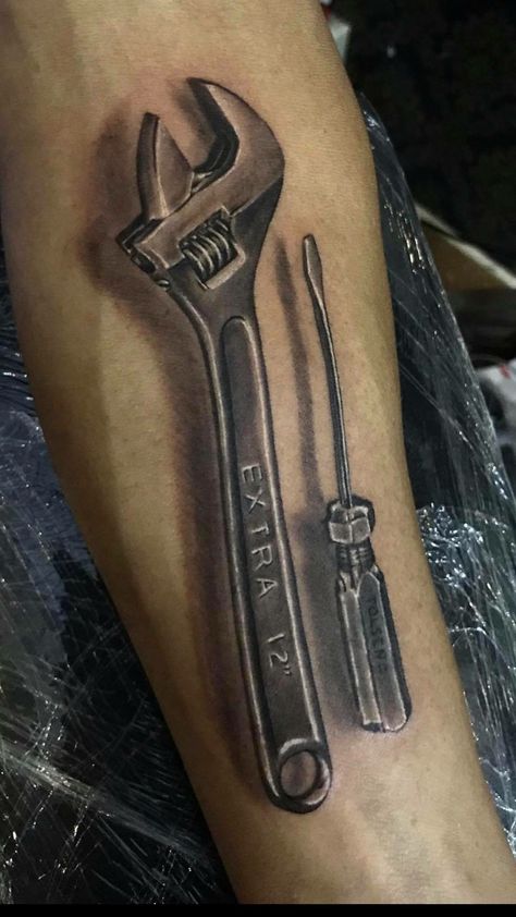 Tattoo Tools Mechanic, Autobody Repair Tattoo, ကင်းမှီးကောက် Tattoo, Tool Tattoo Mechanic, Mechanic Tattoo Design, Mechanic Tattoo Ideas, Wrench Tattoo, Justin Tattoo, Biomechanical Tattoos