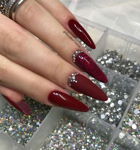 Nails Dark Red, Burgundy Acrylic, Bedazzled Nails, Maroon Nail Designs, Maroon Nail, Burgundy Acrylic Nails, Deep Red Nails, Holiday Nails Winter, Nails Dark