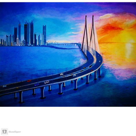 #sea #watercolor Check out the beautiful Mumbai Sea Link!!!  #Painting by Shreyas Makwana Available on #Showflipper Mumbai City Painting, Mumbai Drawing, Mumbai Sea Link, Mumbai Painting, Link Painting, Aamchi Mumbai, Skyline Drawing, Sea Watercolor, Bridge Painting