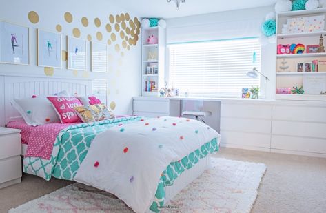 Teen Girl Bedroom Makeover in Turquoise and White and Gold Ikea Malm And Billy Hack, Built In Dresser And Desk In Bedroom, Malm Built In Hack, Ikea Room Inspiration, Ikea Built In Desk Hack, Dresser Desk Combo, Desk Dresser Combo, Blue Girls Rooms, Ikea Desk Hack