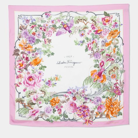 Salvatore Ferragamo Pink & White Floral Printed Silk Square Scarf Paradise Bird, Eastern Culture, Silk Square Scarf, Floral Silk Scarf, Chinese Pottery, Luxury Scarves, Square Silk Scarf, The Paradise, Printed Silk Scarf