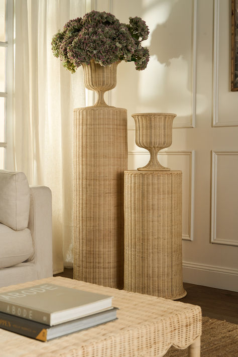 Transform your home with the Belmont Rattan Collection from Florabelle. Whether it's the large or small plinths or urns, these pieces bring organic charm and versatility to your décor. 🌿✨ #RattanDecor #HomeAccents #NaturalElegance Round Sectional, Mid Century Minimalist, Hampton House, Occasional Seating, Bedroom Seating, Frame Shelf, Floral Interior, Sofa Storage, Floor Standing Lamps