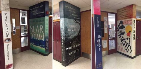 Library Murals High School, Giant Bookshelf, Book Mural, Library Murals, Hallway Mural, School Thoughts, School Library Design, Library Bulletin Board, School Improvement