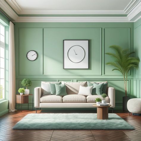 mint green walls and brown floors Mint Green Accent Wall, Living Room Wall Colors 2024, Green Wall Paint, Plum Walls, Terracotta Walls, Green Painted Walls, Mint Green Walls, Light Colored Furniture, Green Accent Walls