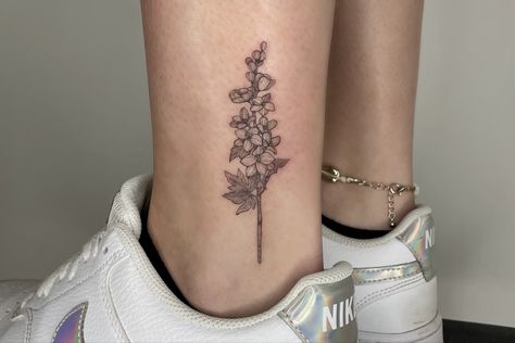 Lakespur Tattoo, July Tattoo, Larkspur Tattoo, July Flowers, Ankle Tattoo, Tattoo Inspo, Neck Tattoo, Birth Flowers, Flower Tattoos