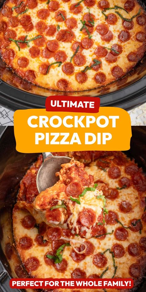 Crock pot pizza dip combines melty cheese, pizza sauce, and your favorite toppings into a simple, crowd-pleasing dish. Our easy-to-follow recipe will be a new family favorite! Pizza Dip Crockpot Crock Pot, Pepperoni Pizza Dip Crockpot, Pizza Chip Dip, Dips In Crockpot Appetizers, Pizza Dip Recipes Crockpot, Pizza Dip With Cream Cheese Crock Pot, Slow Cooker Pizza Dip, Hot Pizza Dip With Cream Cheese, Easy Pot Luck Dishes For Work Crock Pot