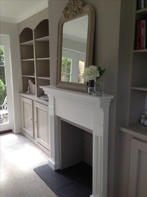 Farrow & Ball Paints: Dove Tale No 267 on chimney breast. Elephants Breath No 229 on built in cabinets left and right of fireplace. Fireplace No Chimney, Fake Chimney, Fireplace Simple, Chimney Decor, Elephants Breath, Fake Fireplace, Urban Interiors, Fire Surround, Chimney Breast