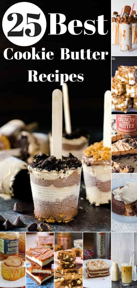 Easy recipes from drinks to breakfast to dessert of the best cookie butter inspired recipes from around the web featuring 25 of the best recipes using Trader Joe's Cookie Butter, Speculoos Cookies, or Biscoff Products. #cookiebutter #traderjoes #recipes #biscoff #speculoos #baking #easyrecipe #easyrecipes Cookie Butter Recipes, Trader Joes Cookie Butter, Speculoos Cookie Butter, Speculoos Cookies, Biscoff Cookie Butter, Joe Recipe, Easy Cocktail, Biscoff Cookies, Butter Recipes