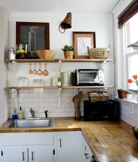 Small #DIY kitchen remodel - done under $3500! Butcher block countertops, open shelving, subway tile, shiplap wall...all of the details are amazing! Koti Diy, Kitchen Remodel Cost, Country Kitchens, Diy Kitchen Remodel, Granny Flat, Simple Kitchen, Kitchen On A Budget, Tiny Kitchen, Trendy Kitchen