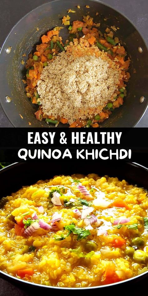 Quinoa khichdi is a delicious one-pot Indian-style quinoa recipe. It's made by cooking quinoa with lentils, vegetables, and Indian spices. This wholesome dish is vegan and gluten-free. Indian Quinoa Recipes, Quinoa Khichdi, Masala Khichdi, One Pot Rice Meals, Soul Recipes, Cooking Quinoa, Vegan Indian Recipes, Quinoa Soup, Quinoa Recipe