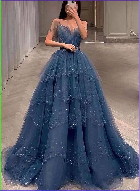 Dark Blue Princess Dress, Dark Blue Ball Gown, Giant Painting, Formal Dress Blue, Dress Blue Long, Puffy Prom Dresses, Tulle Straps, Princess Prom Dresses, Color Rush