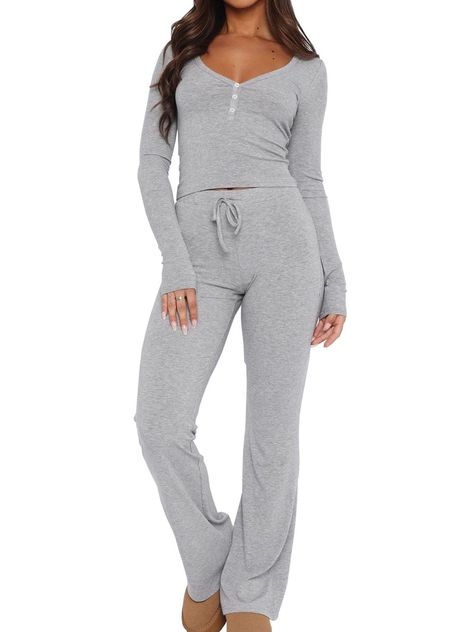 PRICES MAY VARY. Material: 95%Rayon+5%Spandex. soft and lightweight, which is breathable and skin friendly to makes you feel cool and cozy, to enjoy comfortable sleep. Features: Women 2 piece outfits with tight fitting type, solid color. Ribbed knit button down long sleeve crop tops and sweatpants. V-neck lounge sets. Pajama sets for women 2 piece. Fashion outfits: Women two piece tracksuits can be worn both at home or wear it to exercise. And it's the best choice for summer outfits. Occasions: Cozy Home Outfit, Lounge Sets For Women, Pajamas Outfit, Crop Top And Sweatpants, Pajama Outfit, Cute Pjs, Comfy Sets, Lounge Outfit, Loungewear Set