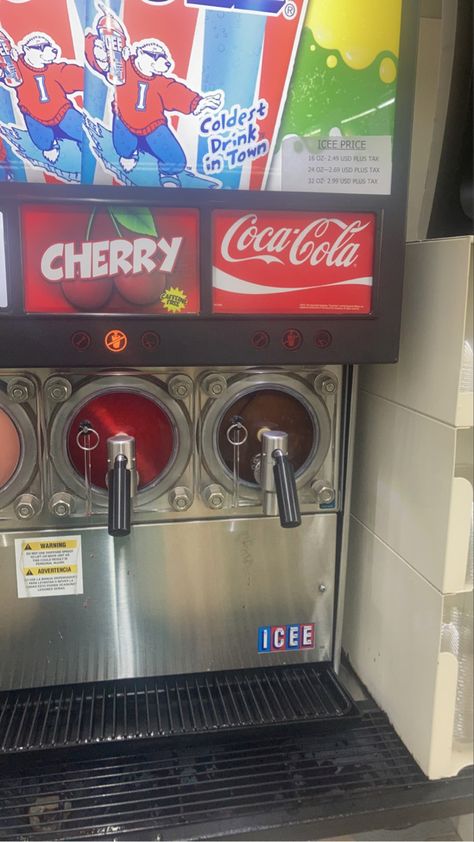 Red, slushee, slushee flavors, aesthetic, red aesthetic, vibes Vintage Soda Machine, Slushie Machine Aesthetic, Icee Slushie Aesthetic, Aesthetic Gas Station, Icee Slushie, Gas Station Aesthetic, Soda Aesthetic, Soda Fountain Machine, Station Aesthetic