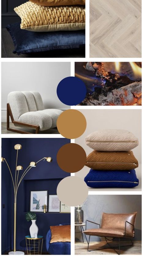 Navy And Brown Bedroom Ideas, Vintage Contemporary Decor Living Room, Navy Blue Curtains Living Room Ideas, Cobalt Blue Color Combinations, Blue Color Palette Living Room, Masculine Color Palette, Blue And Gold Living Room, Brown And Blue Living Room, Blue Sofas Living Room