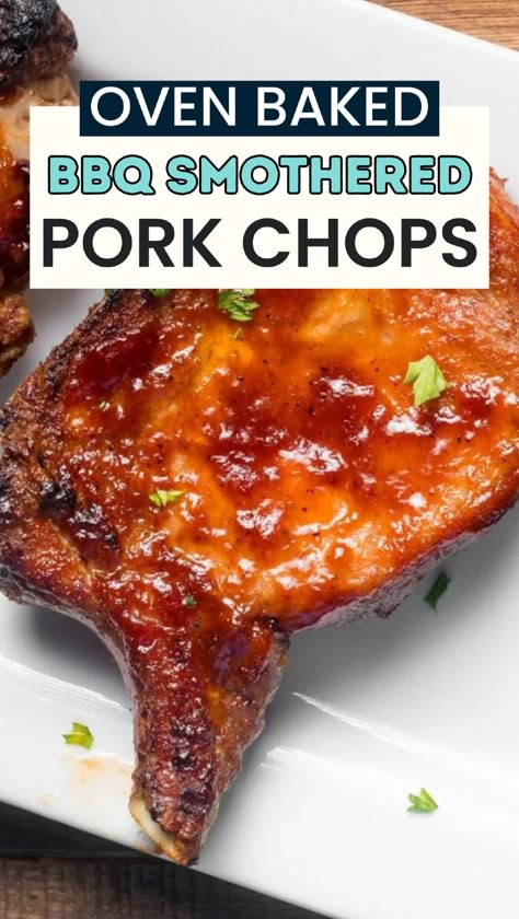 Transform your weeknight dinner with our easy oven baked BBQ pork chops. This pork chop recipe is perfect for family dinners, offering tender, juicy chops smothered in a sticky barbecue sauce. The secret to these flavorful pork chops is the broil at the end, which gives them a caramelized, slightly charred finish. Quick and simple to make, this fun easy recipe will become a favorite in your dinner rotation. Try it tonight and enjoy a delicious pork dinner! Pork Chop Baked In Oven, Easy Pork Chop Recipes In Oven, Bbq Pork Chops In Oven, Pork Chop Recipes In Oven, Recipes For Pork Chops, Baked Bbq Pork Chops, Pork Chops In The Oven, Barbecue Pork Chops, Oven Pork Chops