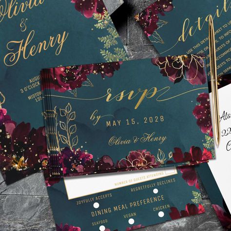 Dark Teal And Burgundy Wedding, Jewel Tone Wedding Invitations, 2026 Wedding, Raspberry Wedding, Teal Palette, Backgrounds Ideas, Backyard Tent, Online Card, Rsvp Online